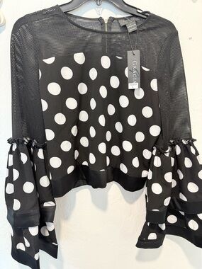 Gracia Black & White Polka Dot Mesh-Accent Top